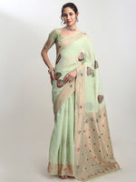 Thumbnail for Janasya Light Green Linen Blend Kalamkari Jacquard Saree