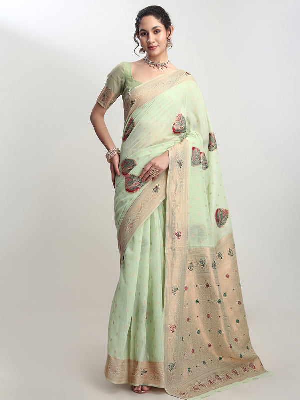 Janasya Light Green Linen Blend Kalamkari Jacquard Saree