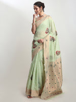 Thumbnail for Janasya Light Green Linen Blend Kalamkari Jacquard Saree