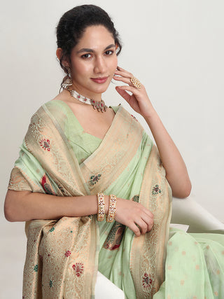 Janasya Light Green Linen Blend Kalamkari Jacquard Saree