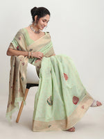 Thumbnail for Janasya Light Green Linen Blend Kalamkari Jacquard Saree