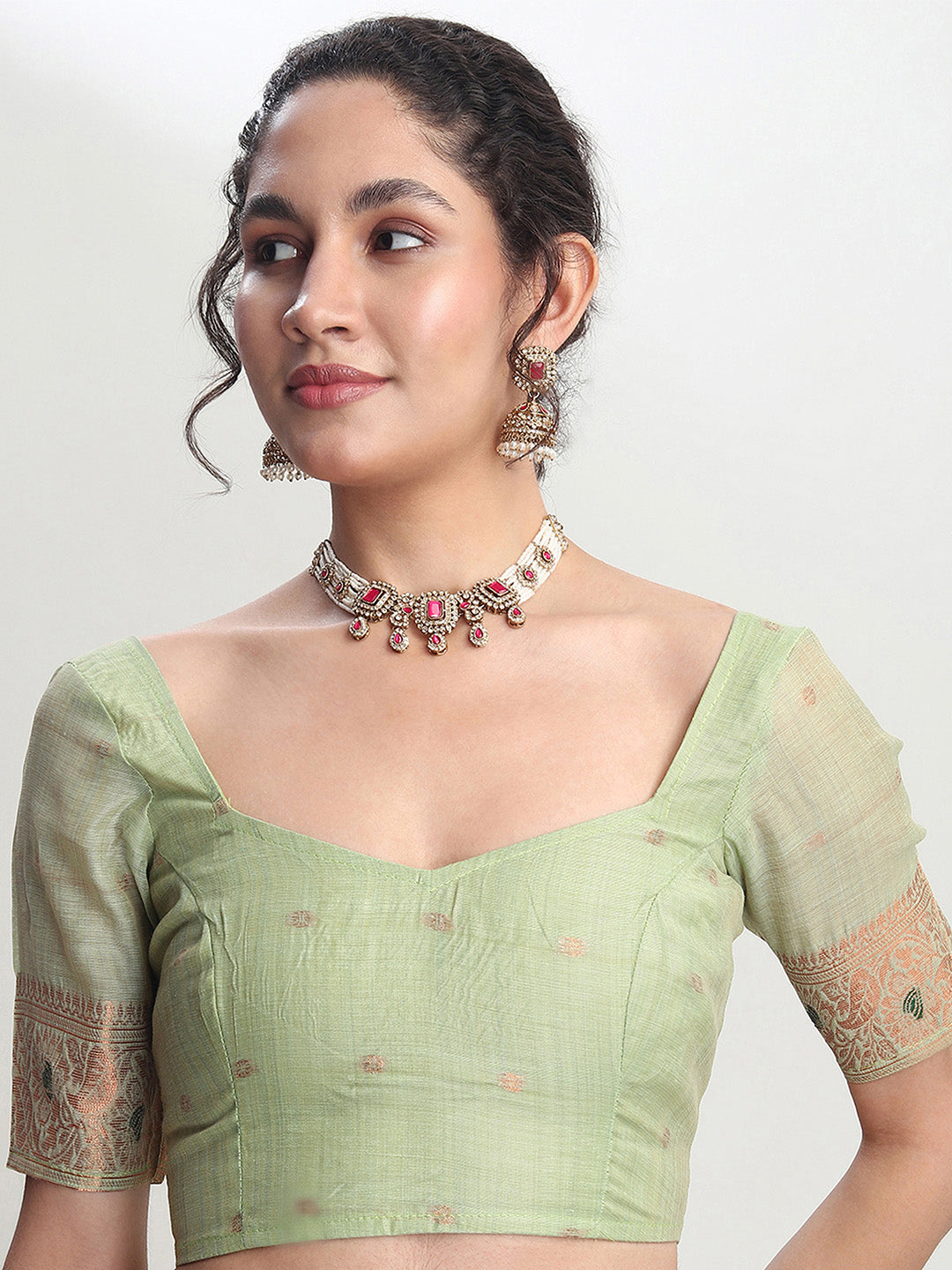 Janasya Light Green Linen Blend Kalamkari Jacquard Saree
