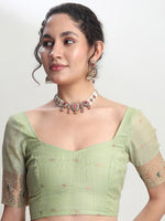 Thumbnail for Janasya Light Green Linen Blend Kalamkari Jacquard Saree