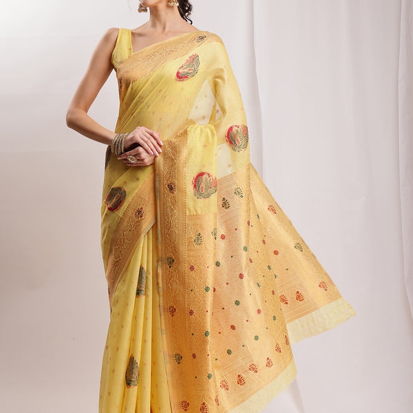 Janasya Yellow Linen Blend Kalamkari Jacquard Saree