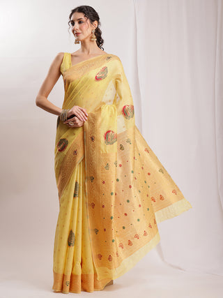 Janasya Yellow Linen Blend Kalamkari Jacquard Saree