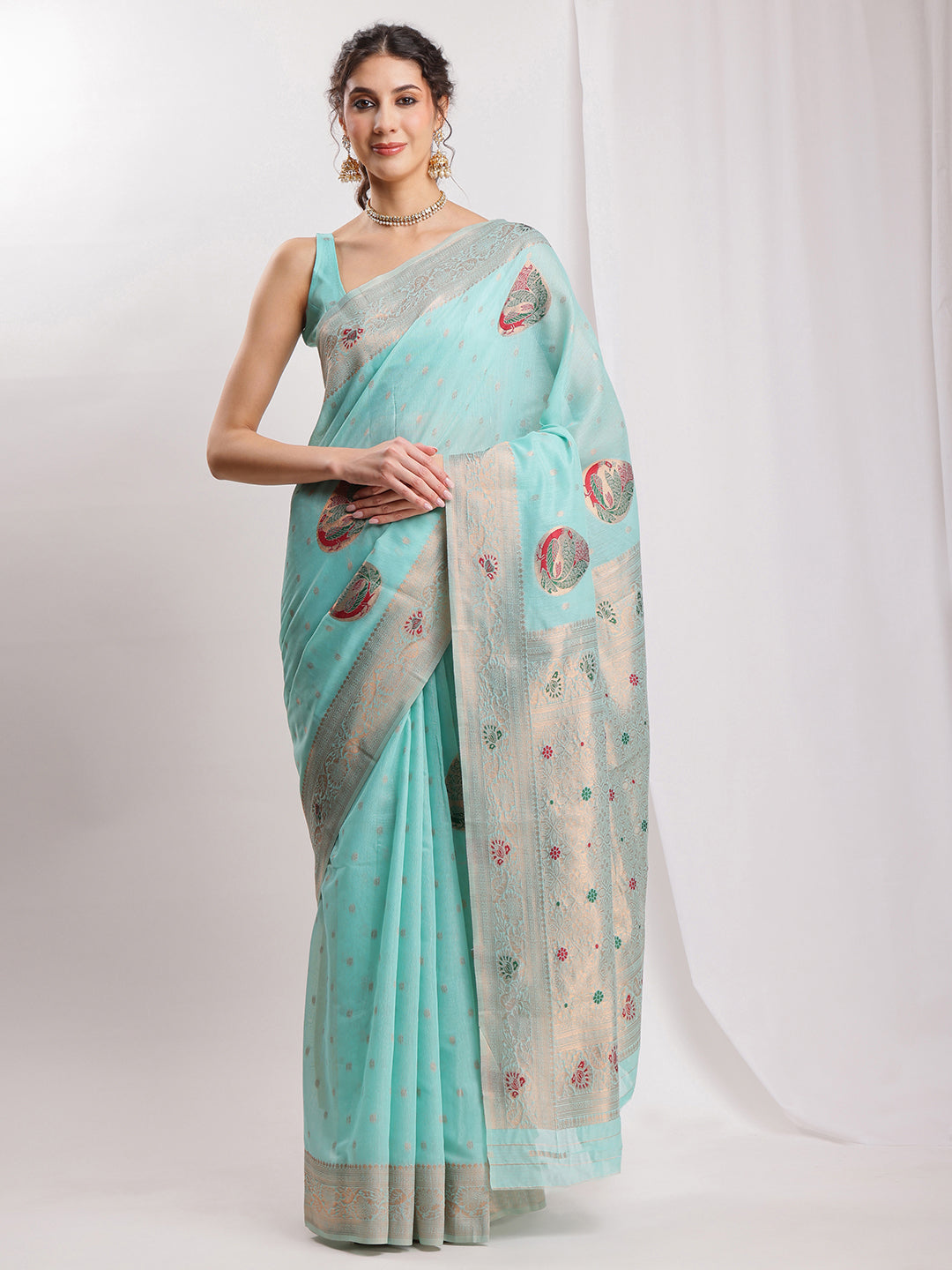 Janasya Sea Blue Linen Blend Kalamkari Jacquard Saree