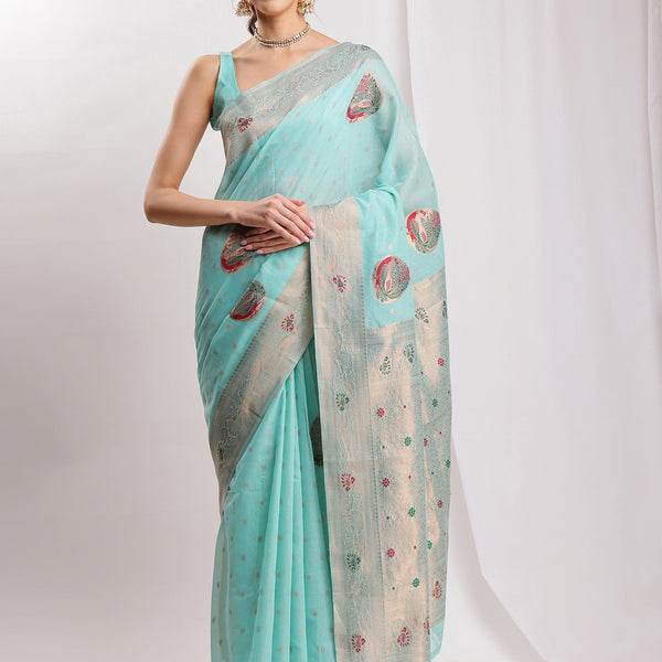 Janasya Sea Blue Linen Blend Kalamkari Jacquard Saree