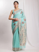 Thumbnail for Janasya Sea Blue Linen Blend Kalamkari Jacquard Saree