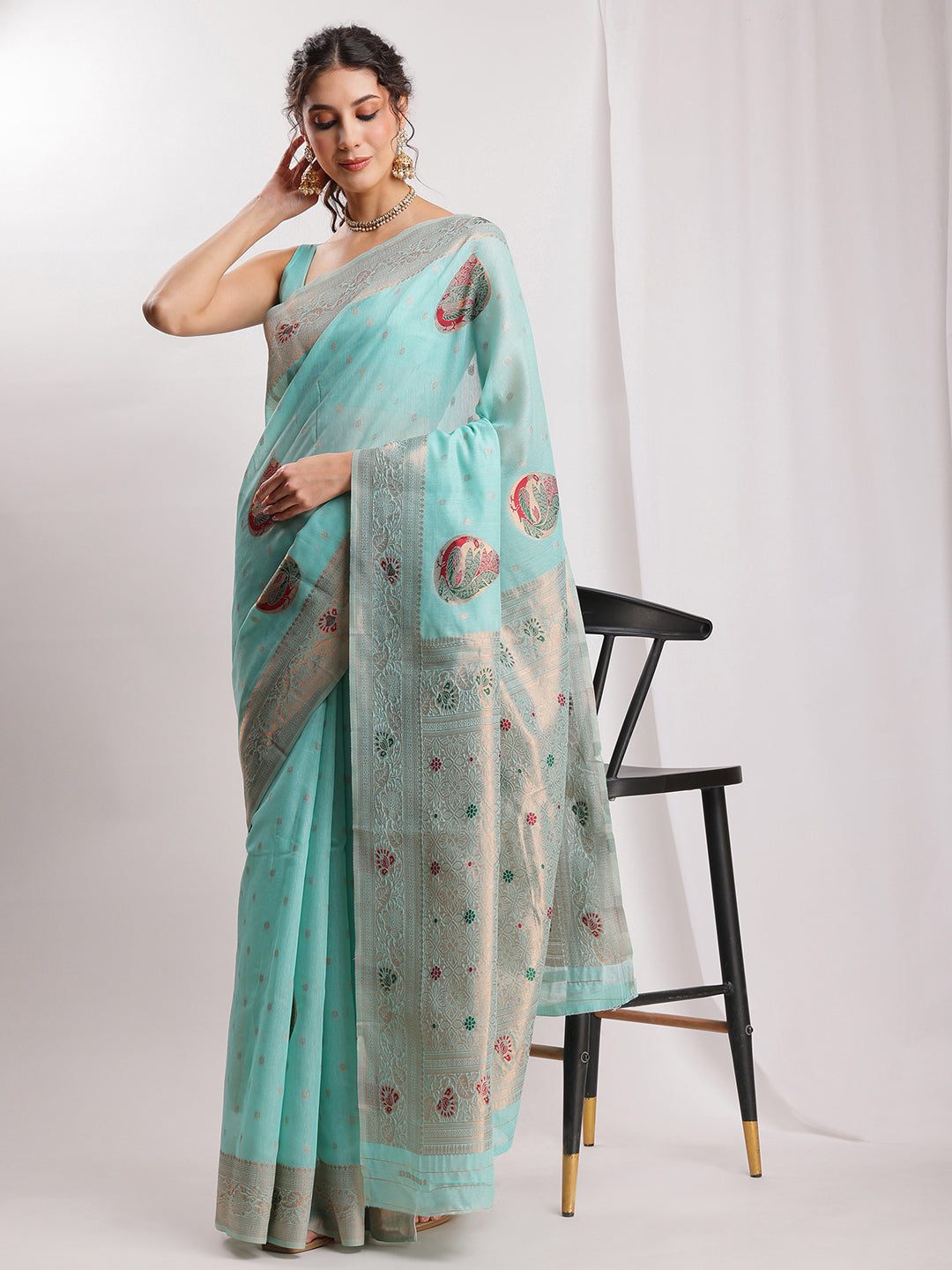 Janasya Sea Blue Linen Blend Kalamkari Jacquard Saree