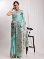 Thumbnail for Janasya Sea Blue Linen Blend Kalamkari Jacquard Saree