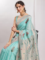 Thumbnail for Janasya Sea Blue Linen Blend Kalamkari Jacquard Saree