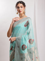 Thumbnail for Janasya Sea Blue Linen Blend Kalamkari Jacquard Saree