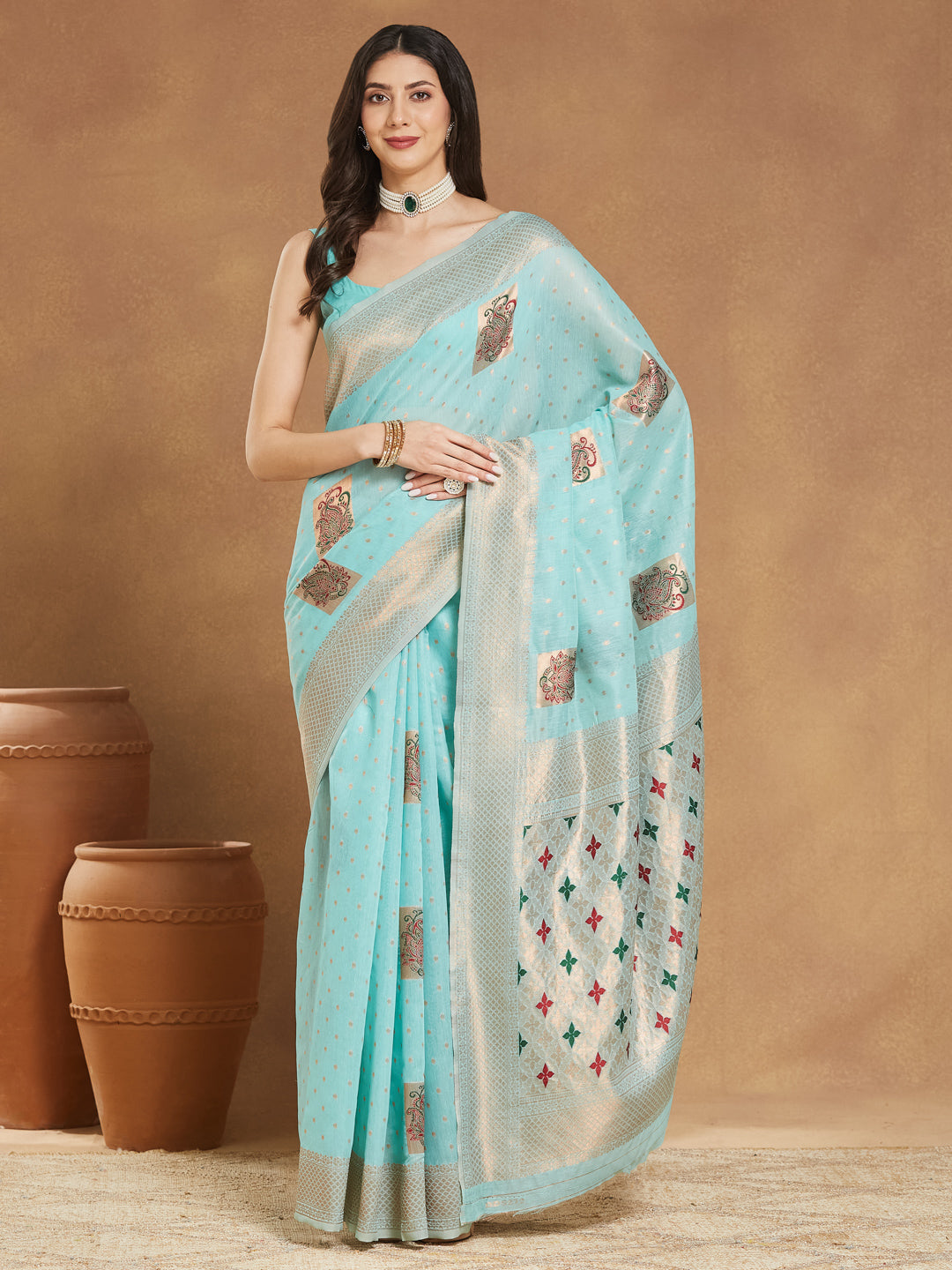 Janasya Sea Green Linen Blend Ethnic Motifs Jacquard Saree