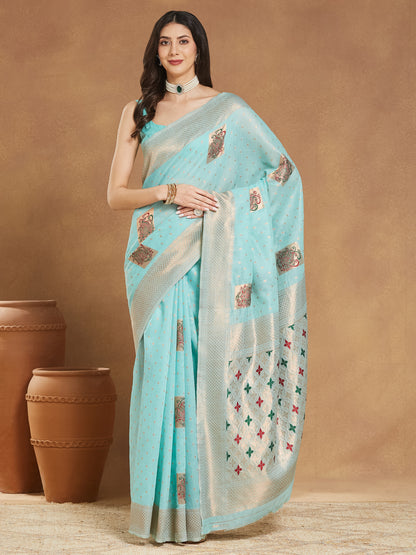 Janasya Sea Green Linen Blend Ethnic Motifs Jacquard Saree - Distacart