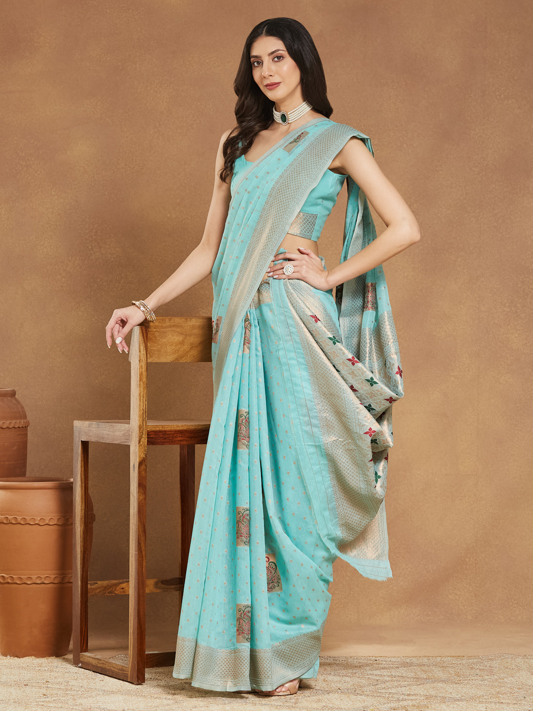 Janasya Sea Green Linen Blend Ethnic Motifs Jacquard Saree