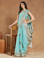 Thumbnail for Janasya Sea Green Linen Blend Ethnic Motifs Jacquard Saree