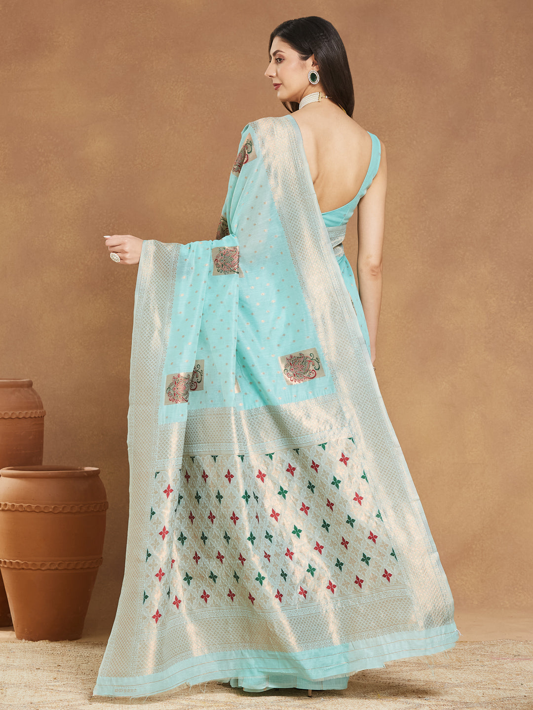 Janasya Sea Green Linen Blend Ethnic Motifs Jacquard Saree