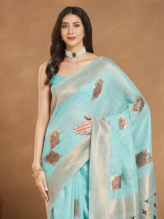 Janasya Sea Green Linen Blend Ethnic Motifs Jacquard Saree