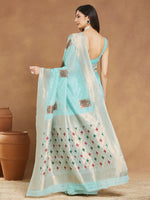 Thumbnail for Janasya Sea Green Linen Blend Ethnic Motifs Jacquard Saree