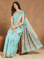 Thumbnail for Janasya Sea Green Linen Blend Ethnic Motifs Jacquard Saree