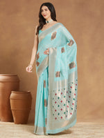 Thumbnail for Janasya Sea Green Linen Blend Ethnic Motifs Jacquard Saree