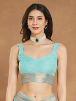 Thumbnail for Janasya Sea Green Linen Blend Ethnic Motifs Jacquard Saree