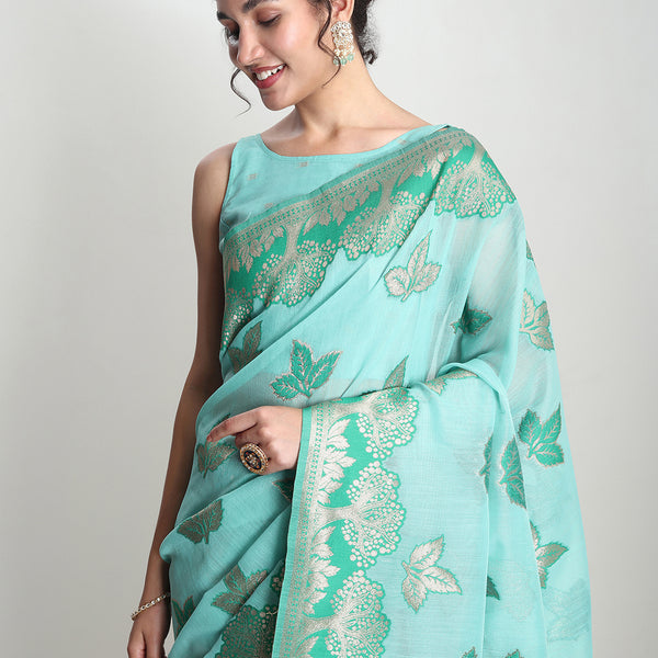 Janasya Sea Green Linen Blend Floral Jacquard Saree - Distacart
