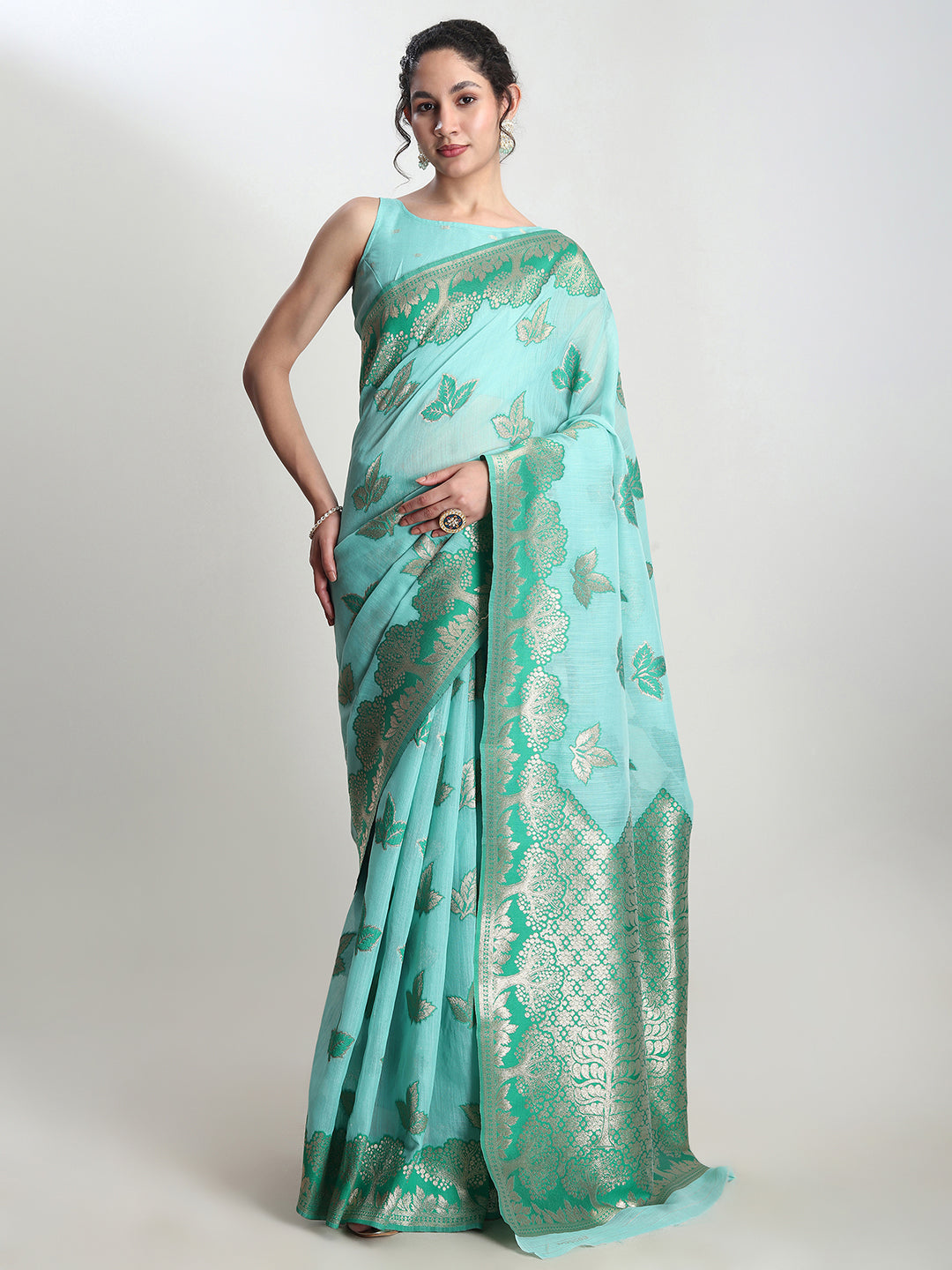 Janasya Sea Green Linen Blend Floral Jacquard Saree