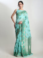Thumbnail for Janasya Sea Green Linen Blend Floral Jacquard Saree