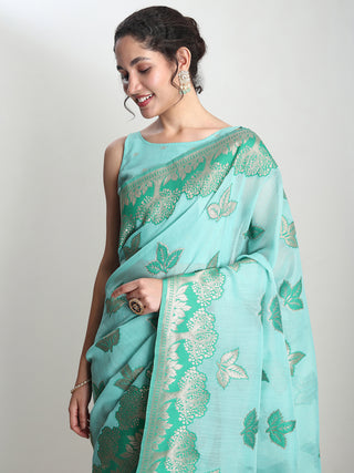 Janasya Sea Green Linen Blend Floral Jacquard Saree