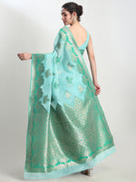 Thumbnail for Janasya Sea Green Linen Blend Floral Jacquard Saree