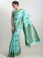 Thumbnail for Janasya Sea Green Linen Blend Floral Jacquard Saree