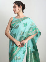 Thumbnail for Janasya Sea Green Linen Blend Floral Jacquard Saree