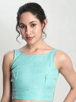 Thumbnail for Janasya Sea Green Linen Blend Floral Jacquard Saree
