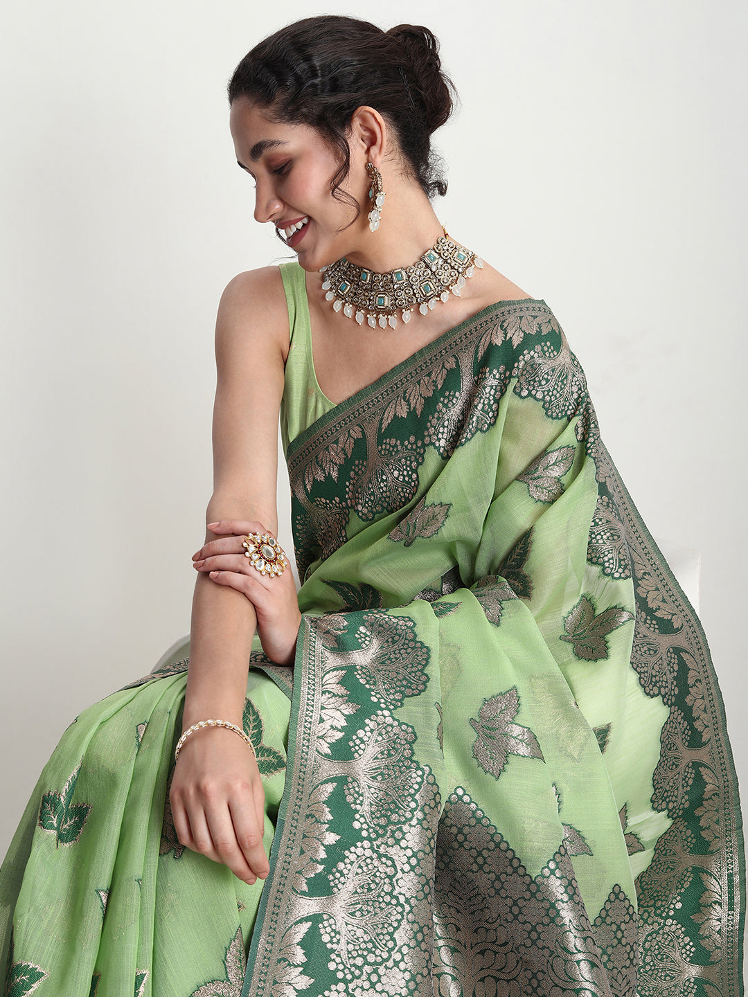 Janasya Light Green Linen Blend Floral Jacquard Saree
