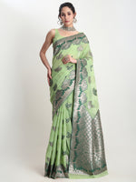 Thumbnail for Janasya Light Green Linen Blend Floral Jacquard Saree