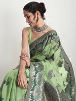 Thumbnail for Janasya Light Green Linen Blend Floral Jacquard Saree
