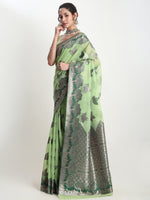 Thumbnail for Janasya Light Green Linen Blend Floral Jacquard Saree