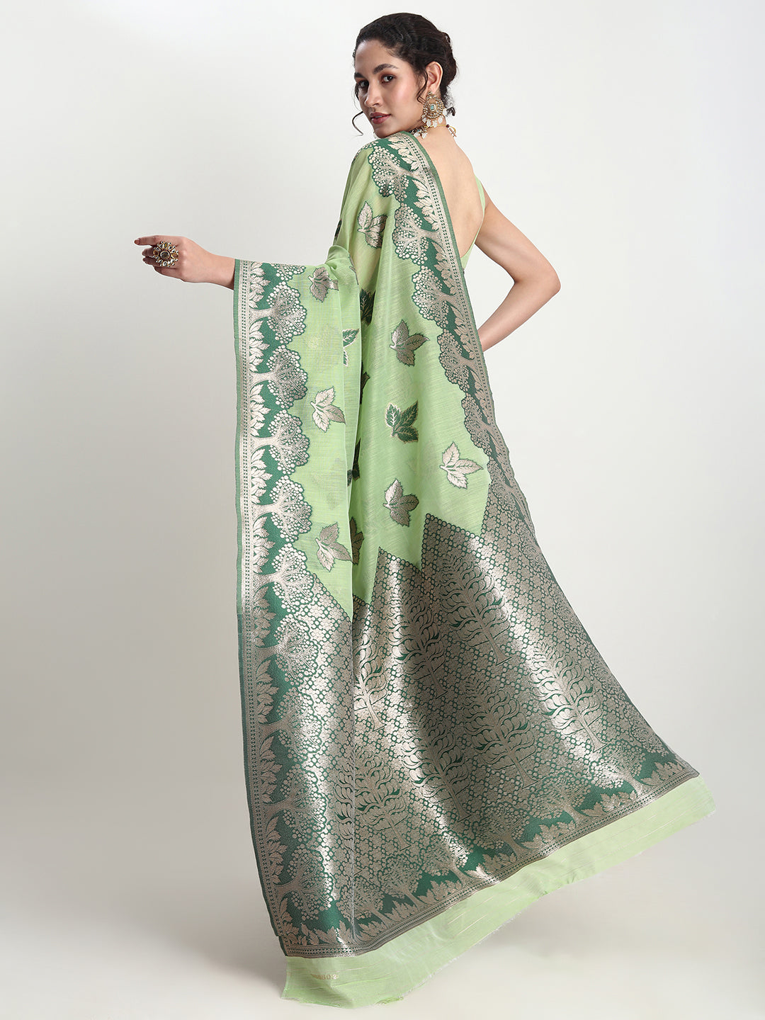 Janasya Light Green Linen Blend Floral Jacquard Saree