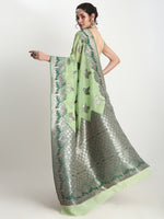 Thumbnail for Janasya Light Green Linen Blend Floral Jacquard Saree