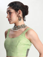 Thumbnail for Janasya Light Green Linen Blend Floral Jacquard Saree