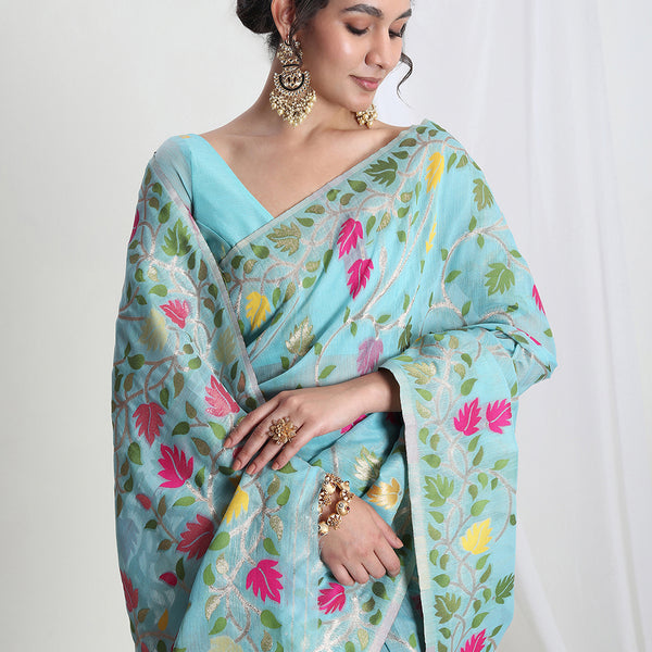 Janasya Sky Blue Silk Blend Floral Jacquard Saree
