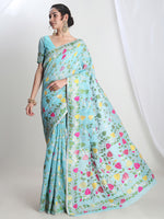 Thumbnail for Janasya Sky Blue Silk Blend Floral Jacquard Saree