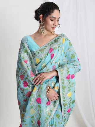 Janasya Sky Blue Silk Blend Floral Jacquard Saree