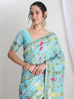 Thumbnail for Janasya Sky Blue Silk Blend Floral Jacquard Saree