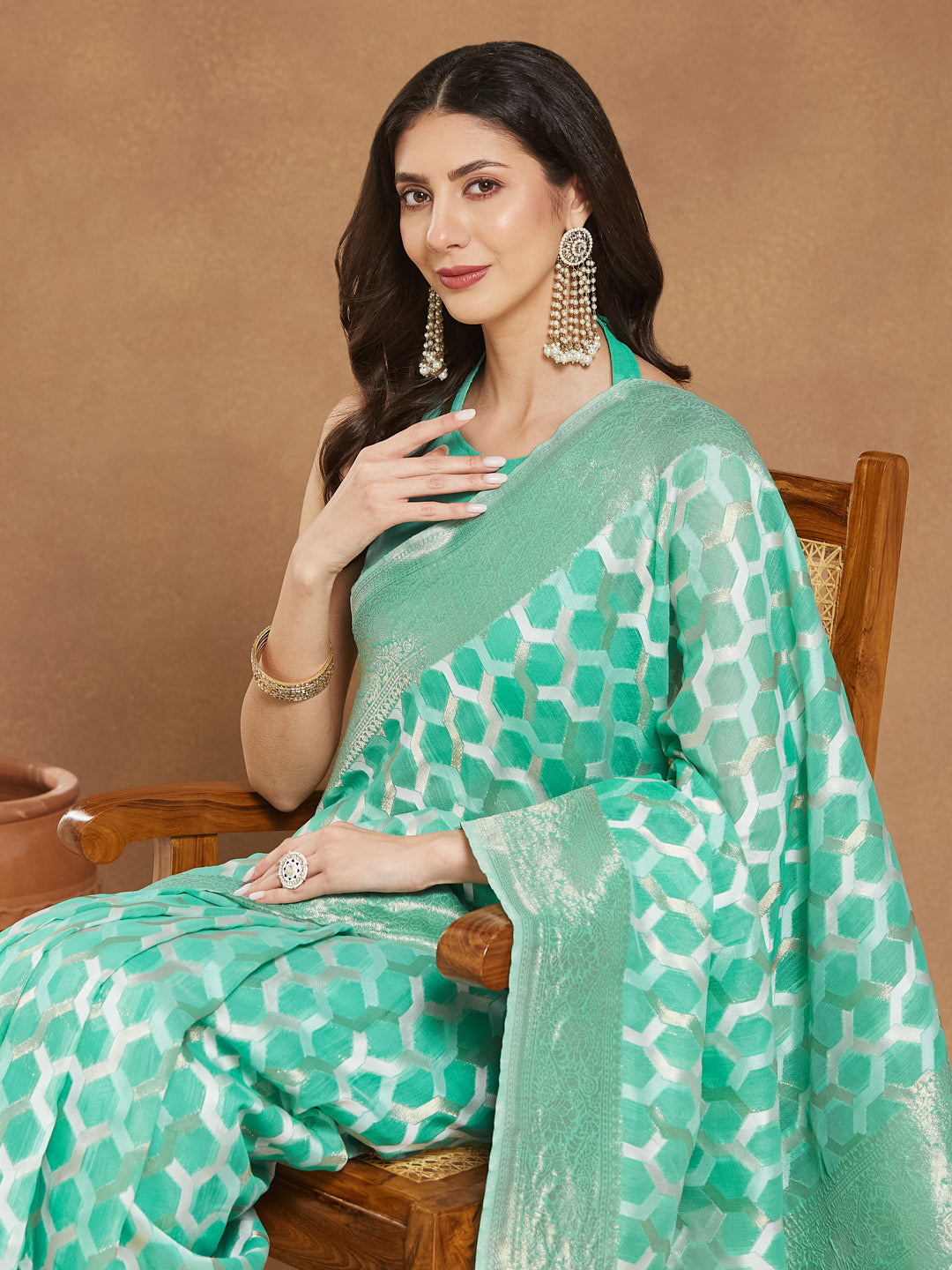 Janasya Sea Green Linen Blend Geometric Jacquard Saree