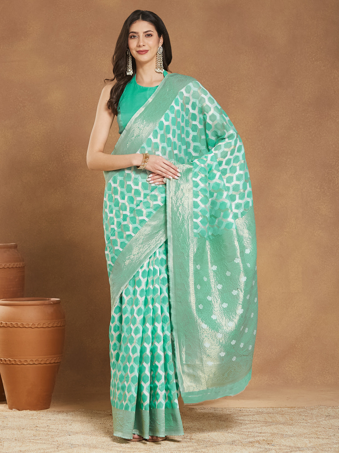 Janasya Sea Green Linen Blend Geometric Jacquard Saree