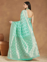 Thumbnail for Janasya Sea Green Linen Blend Geometric Jacquard Saree