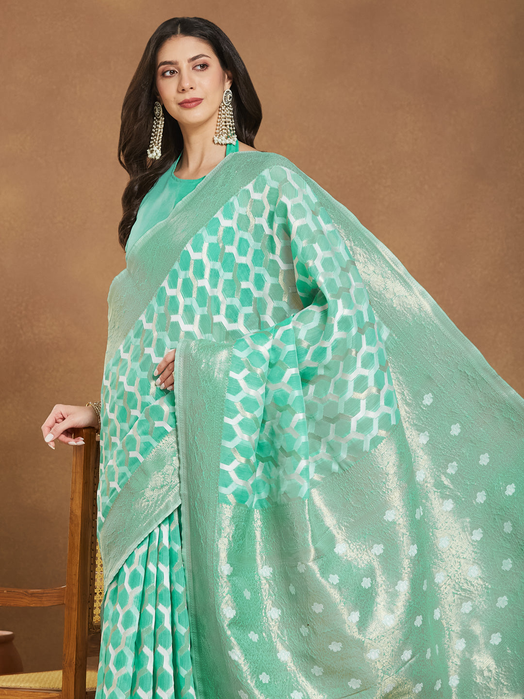 Janasya Sea Green Linen Blend Geometric Jacquard Saree