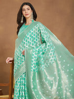 Thumbnail for Janasya Sea Green Linen Blend Geometric Jacquard Saree
